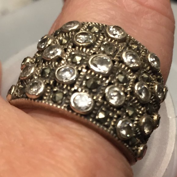 VICTORIA TOWNSEND Sterling Marcasite CZ Wide Cigar Band Ring Sz 7.5 Checker - Picture 6 of 8